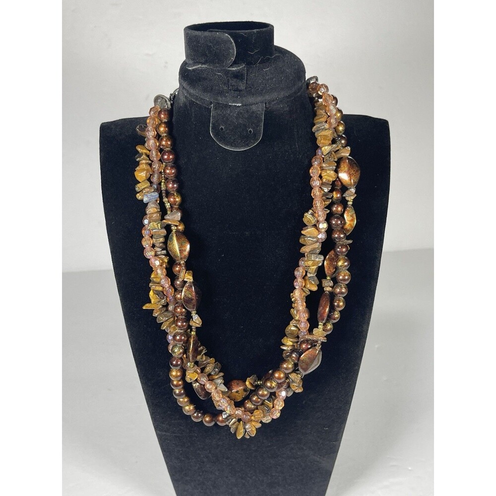Multi-Strand Tiger’s Eye Statement Necklace & Earrings Set Boho Earth Tone 16"